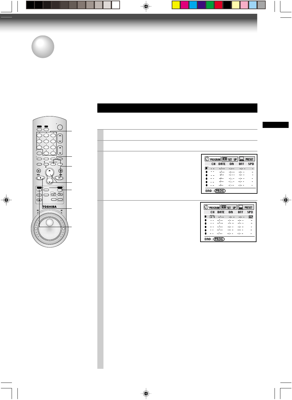 Timer program recording, Timer programming procedure, Load a cassette with the safety tab attached | Press prog . to display the menu screen, Select “program” using ff or rew , and press enter, Number buttons, Play/x2 stop enter rew | Toshiba W-727 User Manual | Page 25 / 46