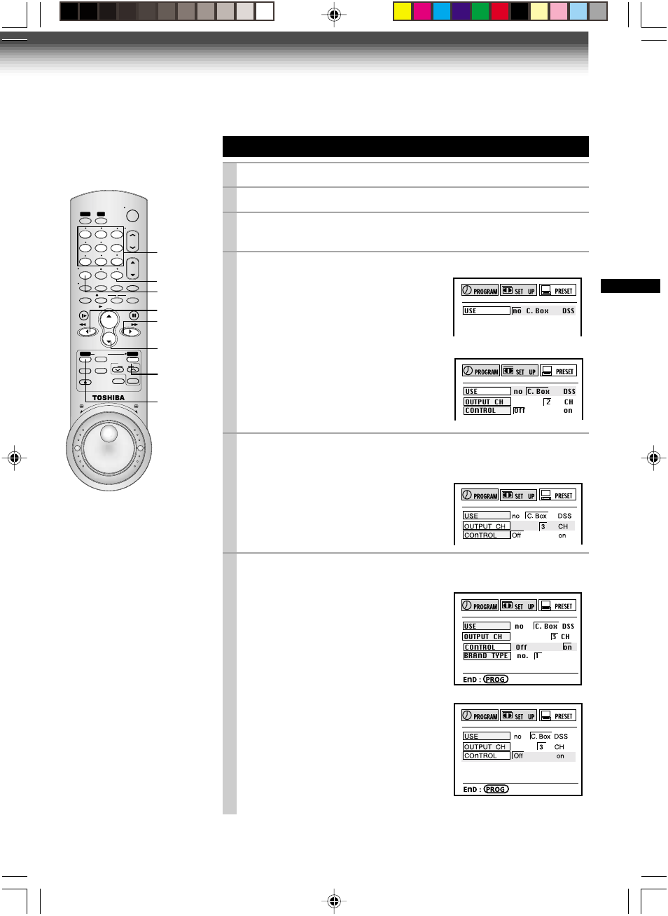 Cable box set-up, Press prog. to display the menu screen, Select “preset” using ff or rew , and press enter | Number buttons 100 i.select rew ff, Enter prog | Toshiba W-727 User Manual | Page 33 / 46