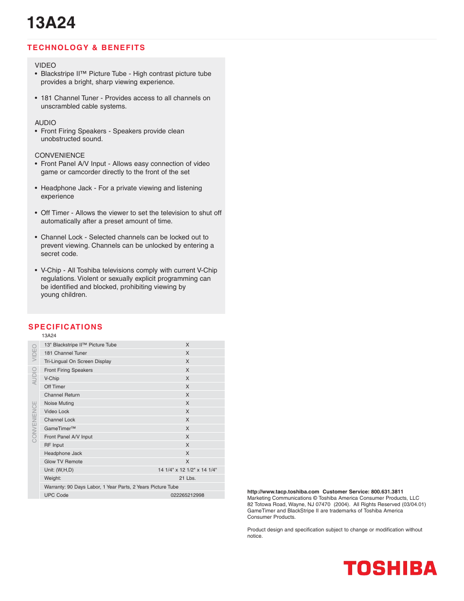 13a24 | Toshiba 13A24 User Manual | Page 2 / 2