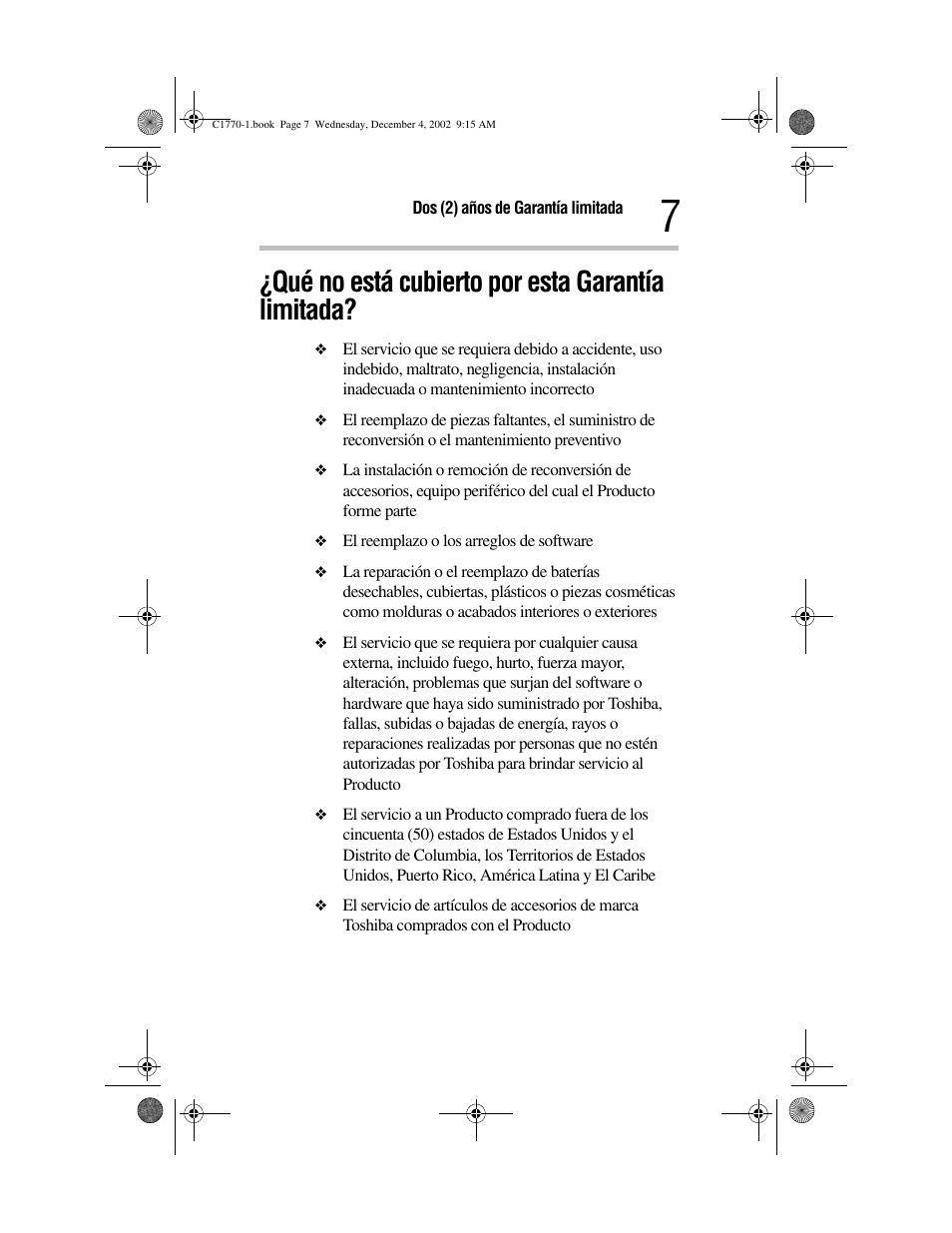 Qué no está cubierto por esta garantía limitada | Toshiba C1770 User Manual | Page 17 / 24