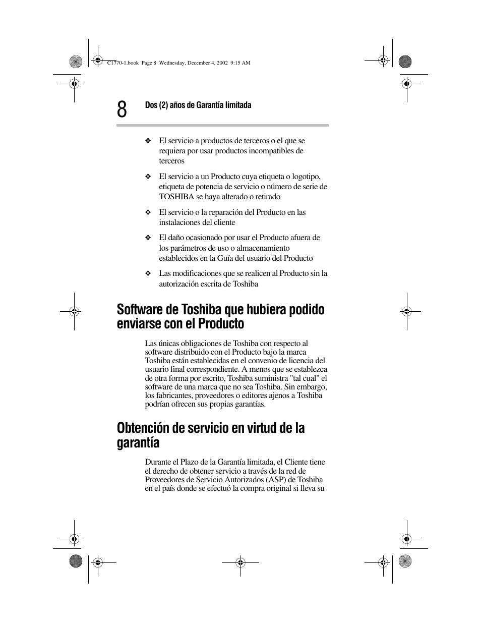 Obtención de servicio en virtud de la garantía | Toshiba C1770 User Manual | Page 18 / 24