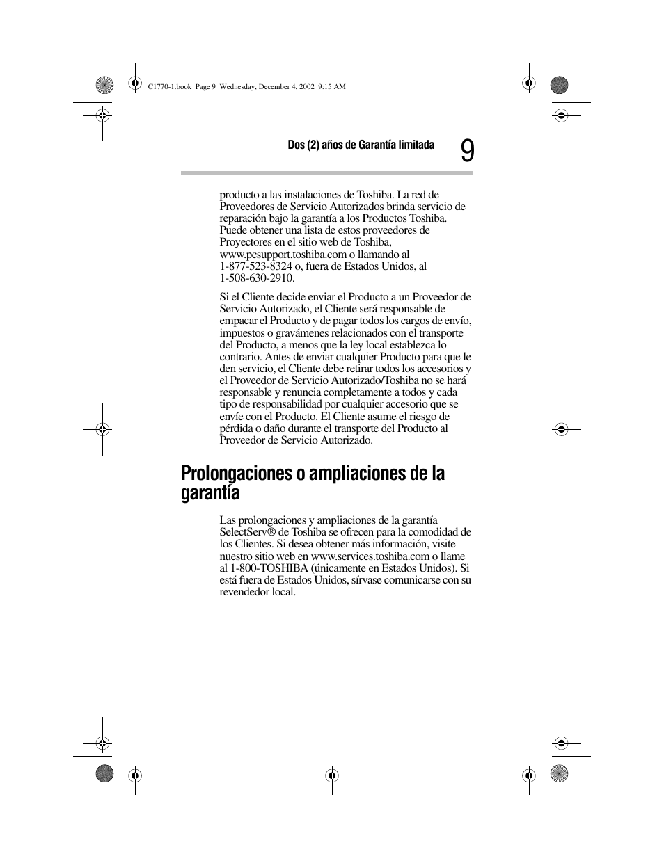 Prolongaciones o ampliaciones de la garantía | Toshiba C1770 User Manual | Page 19 / 24