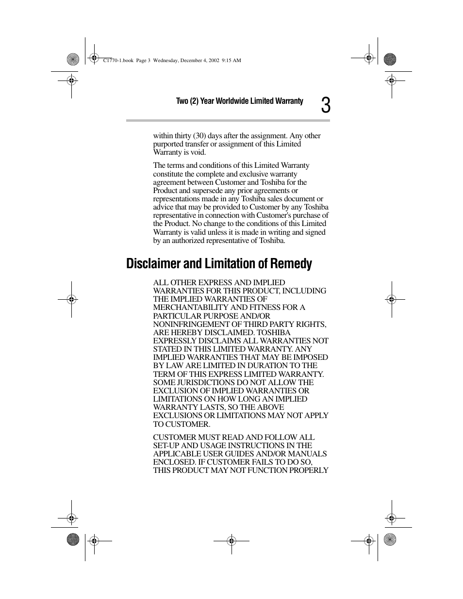 Disclaimer and limitation of remedy | Toshiba C1770 User Manual | Page 3 / 24