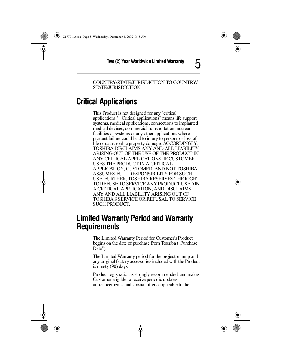 Critical applications, Limited warranty period and warranty requirements | Toshiba C1770 User Manual | Page 5 / 24