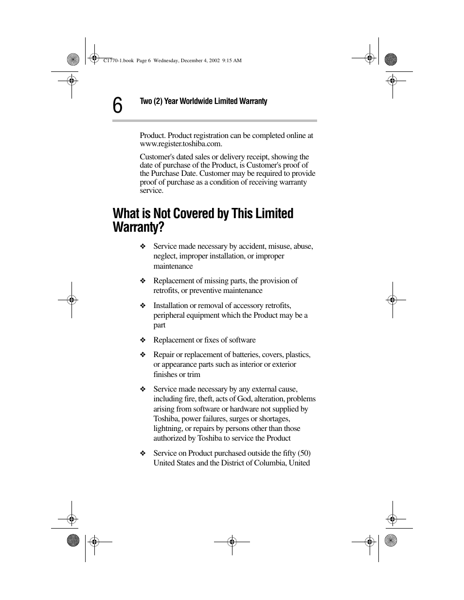 What is not covered by this limited warranty | Toshiba C1770 User Manual | Page 6 / 24