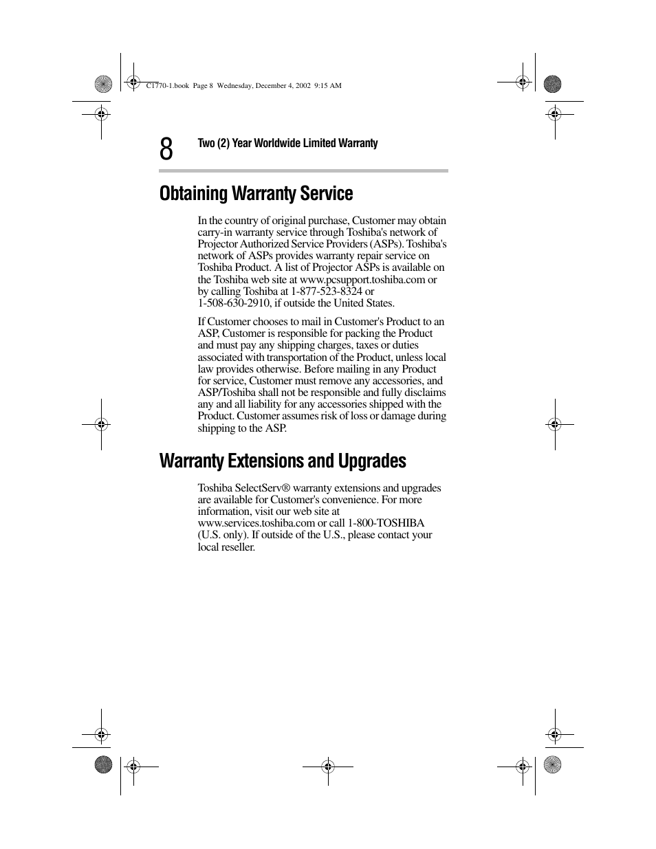 Obtaining warranty service, Warranty extensions and upgrades | Toshiba C1770 User Manual | Page 8 / 24