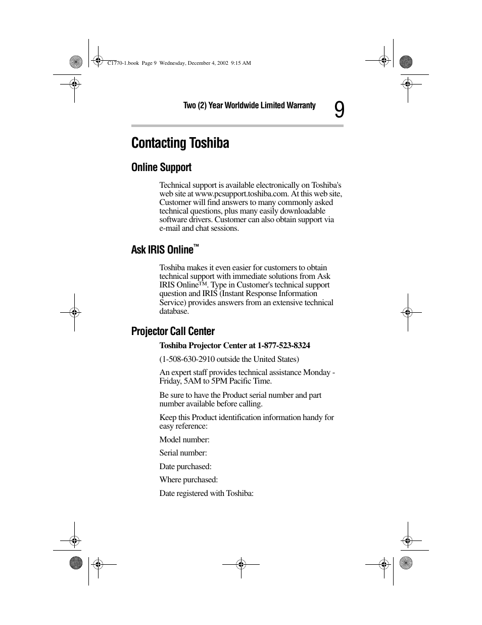 Contacting toshiba | Toshiba C1770 User Manual | Page 9 / 24