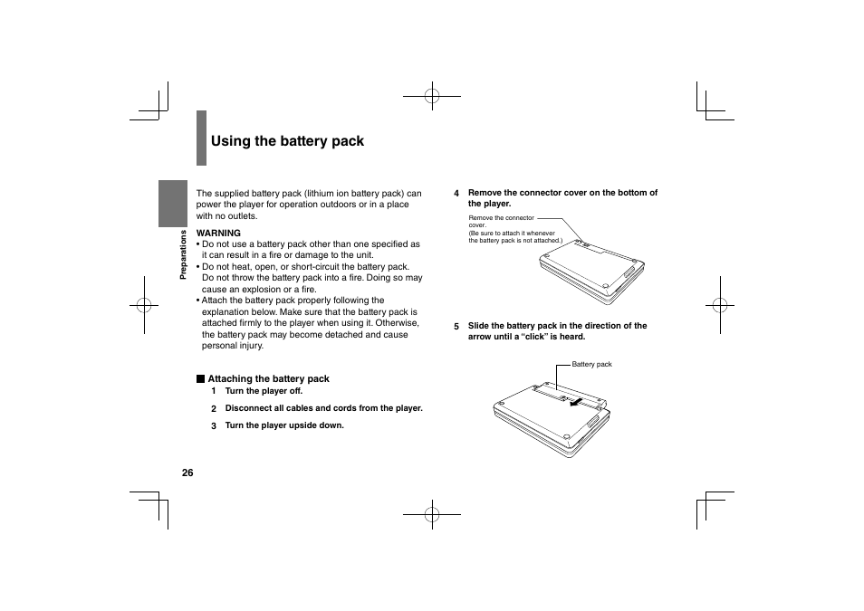 Using the battery pack | Toshiba SDP63SWE User Manual | Page 26 / 76