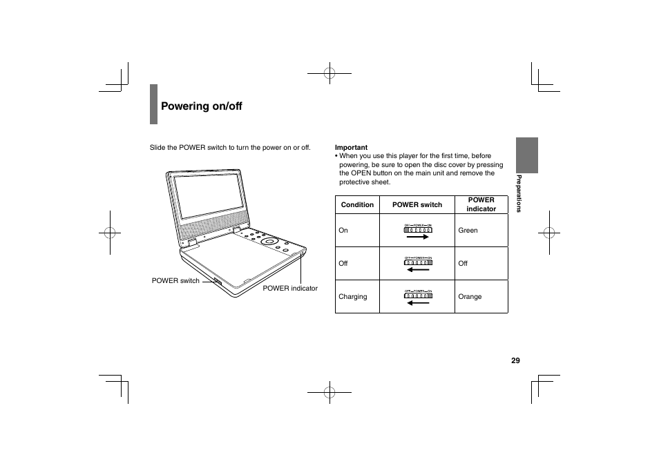 Powering on/off | Toshiba SDP63SWE User Manual | Page 29 / 76