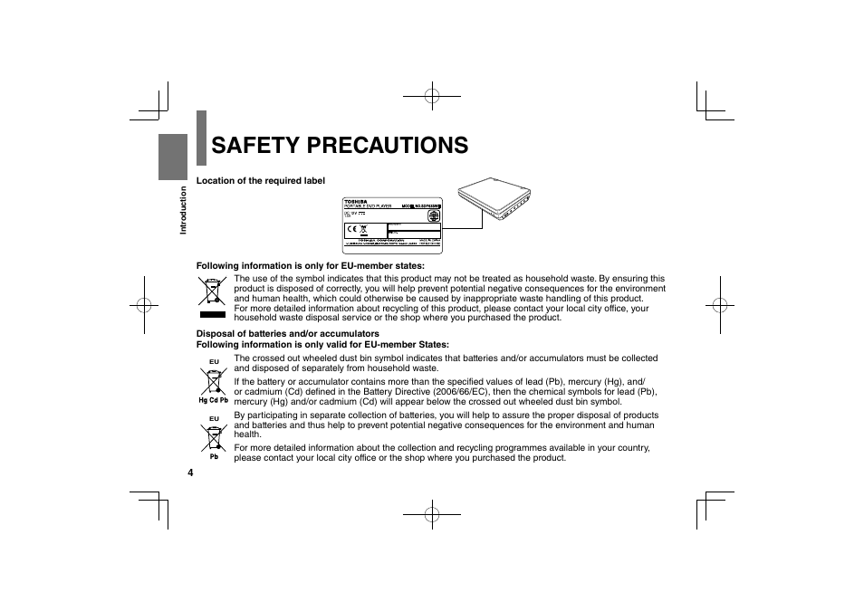 Safety precautions | Toshiba SDP63SWE User Manual | Page 4 / 76