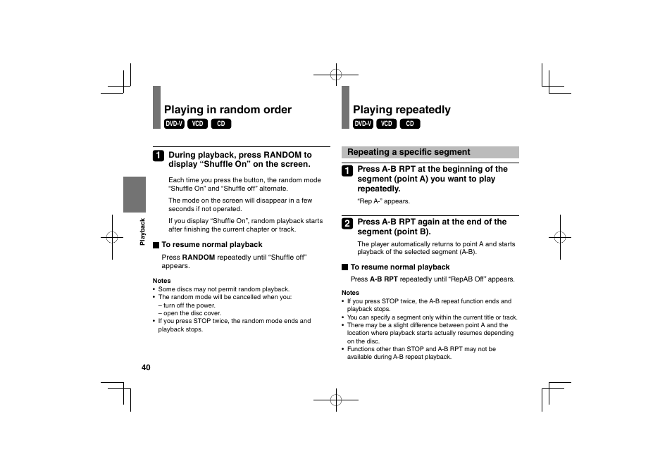 Playing in random order, Playing repeatedly | Toshiba SDP63SWE User Manual | Page 40 / 76