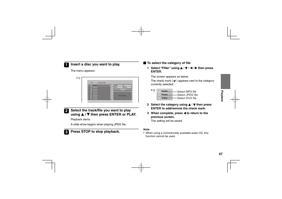 Insert a disc you want to play, Press stop to stop playback | Toshiba SDP63SWE User Manual | Page 47 / 76