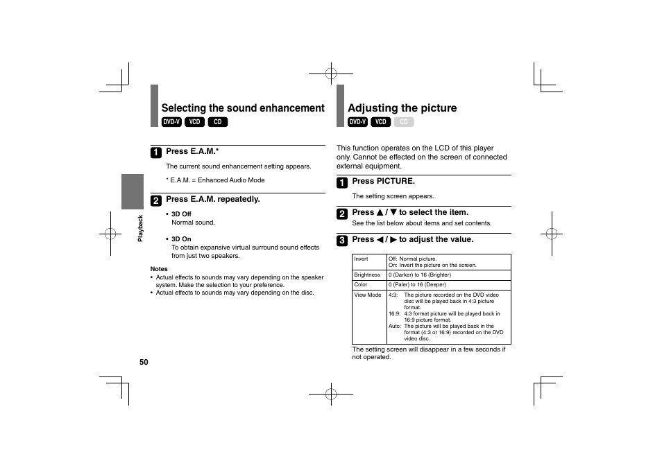 Selecting the sound enhancement, Adjusting the picture | Toshiba SDP63SWE User Manual | Page 50 / 76