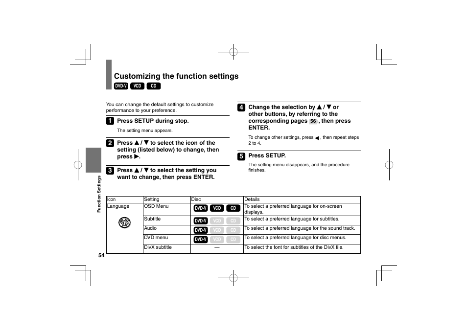 Customizing the function settings | Toshiba SDP63SWE User Manual | Page 54 / 76