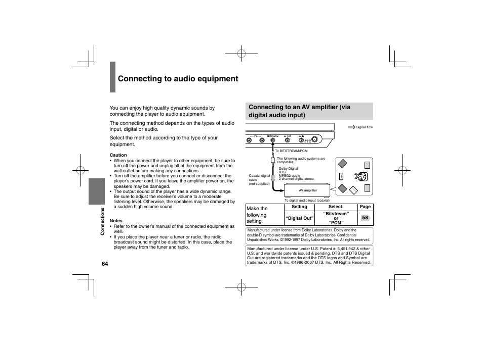 Connecting to audio equipment | Toshiba SDP63SWE User Manual | Page 64 / 76