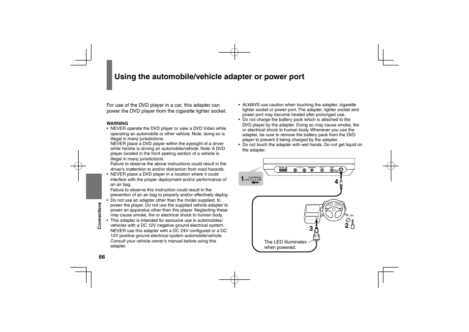 Using the automobile/vehicle adapter or power port | Toshiba SDP63SWE User Manual | Page 66 / 76