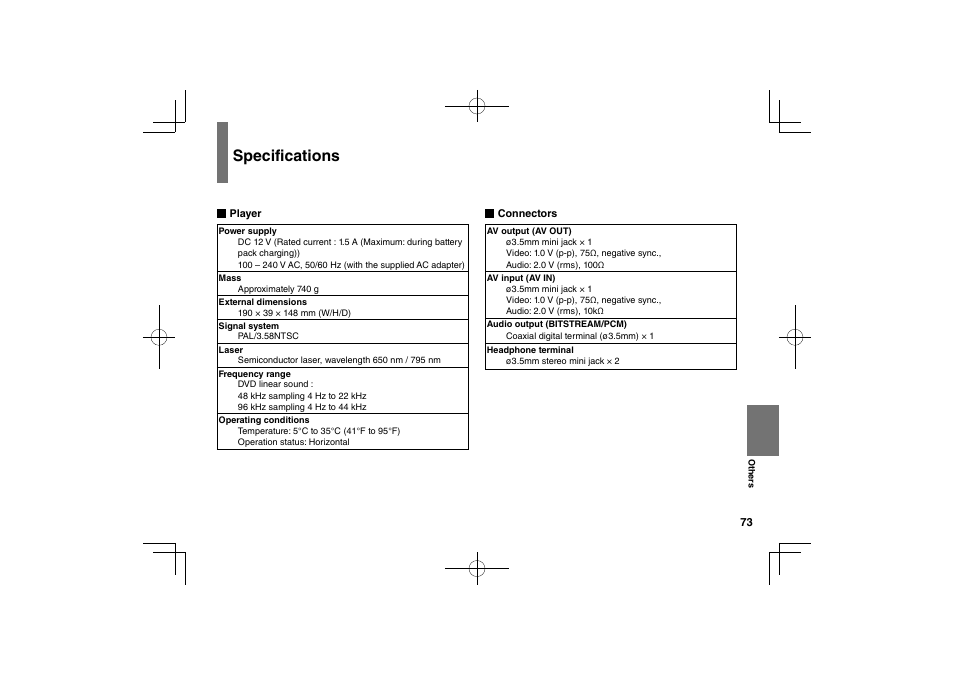 Specifications | Toshiba SDP63SWE User Manual | Page 73 / 76