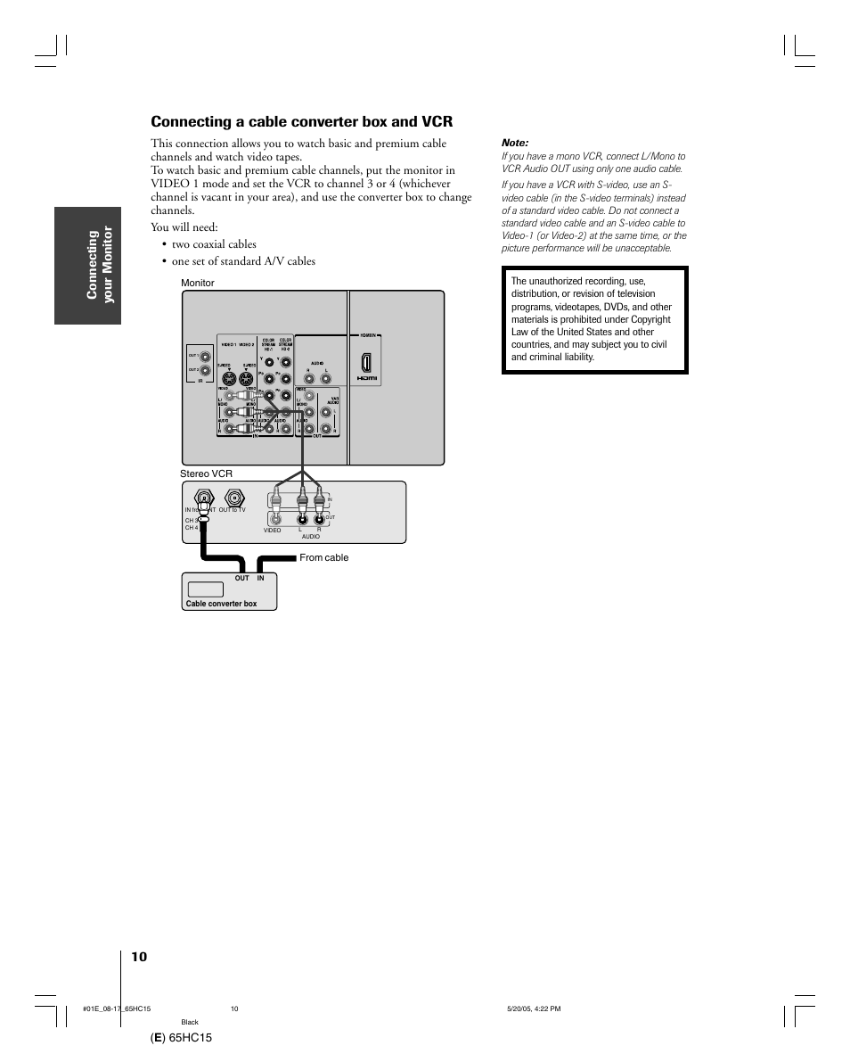 Connecting a cable converter box and vcr | Toshiba 65HC15 User Manual | Page 10 / 52