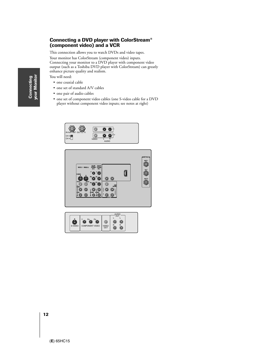 Connecting a dvd player with colorstream, Component video) and a vcr | Toshiba 65HC15 User Manual | Page 12 / 52