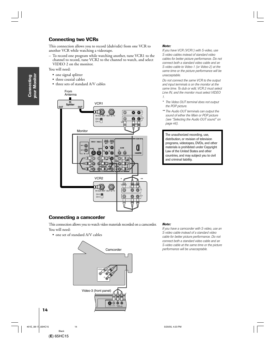 Connecting two vcrs, Connecting a camcorder | Toshiba 65HC15 User Manual | Page 14 / 52