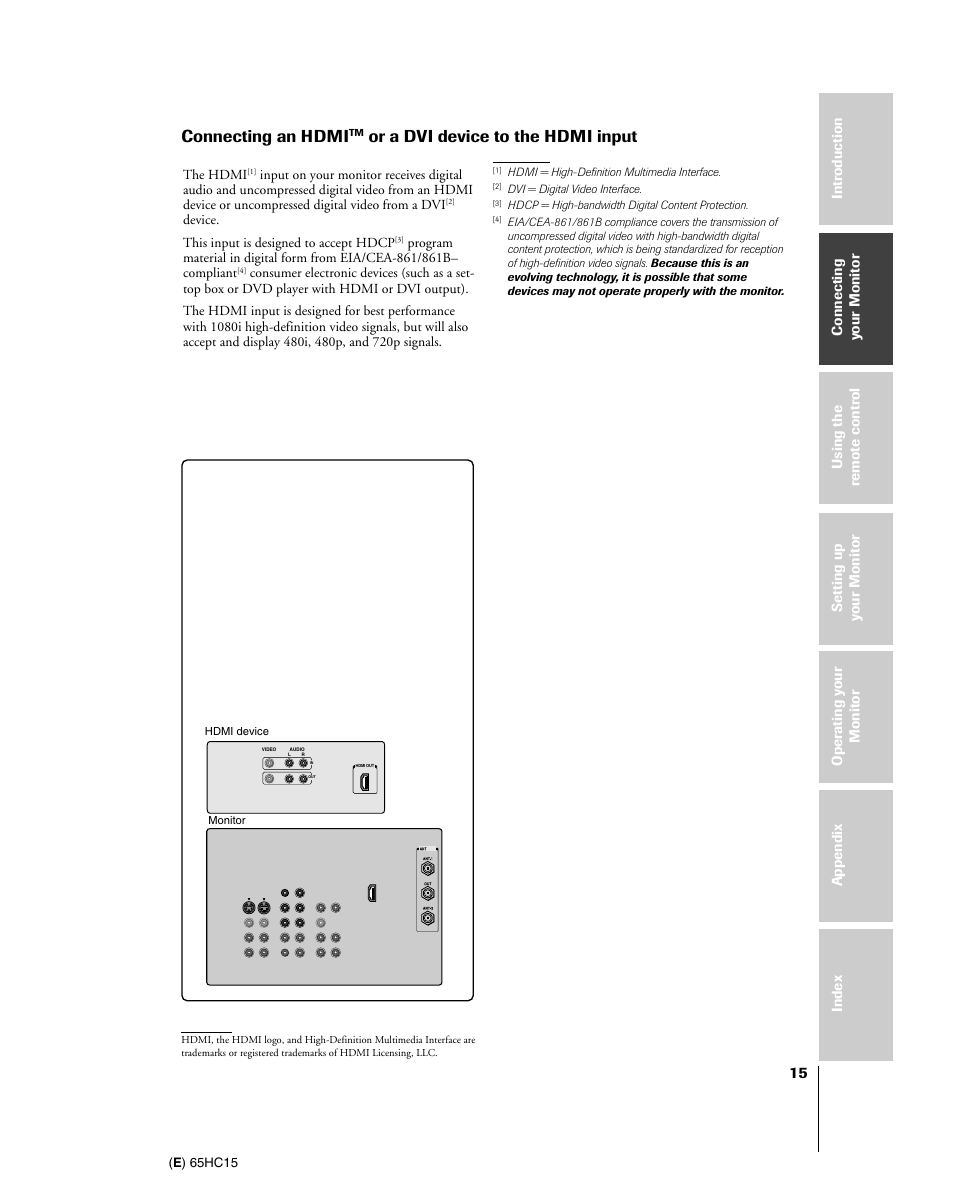 Connecting an hdmi, Or a dvi device to the hdmi input | Toshiba 65HC15 User Manual | Page 15 / 52