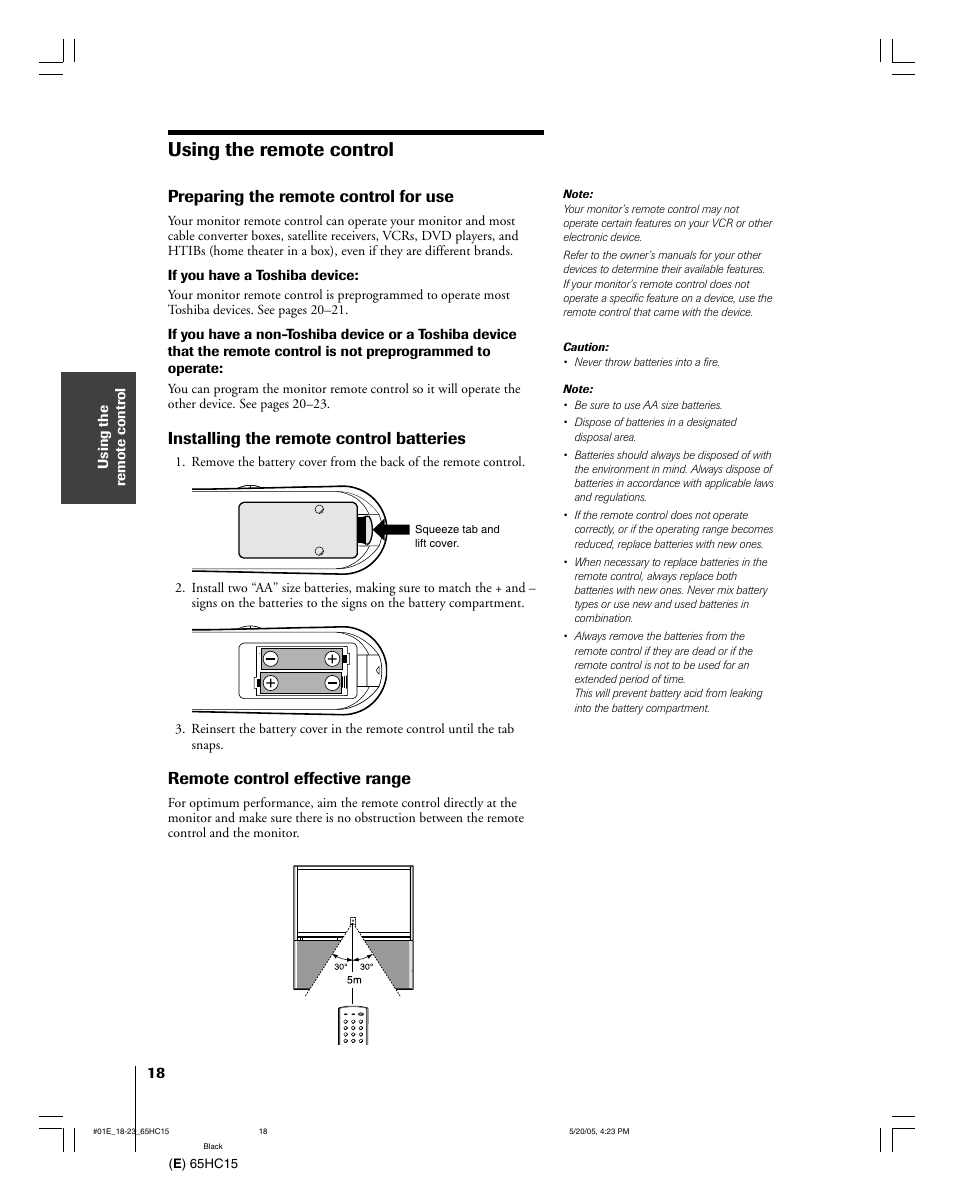 Using the remote control, Preparing the remote control for use, Installing the remote control batteries | Remote control effective range | Toshiba 65HC15 User Manual | Page 18 / 52