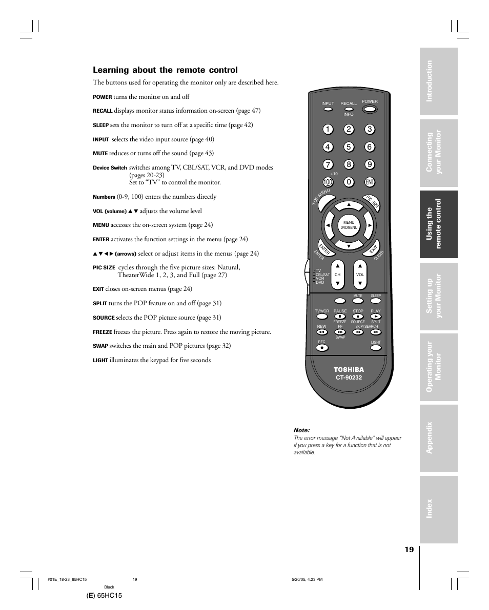 Learning about the remote control | Toshiba 65HC15 User Manual | Page 19 / 52