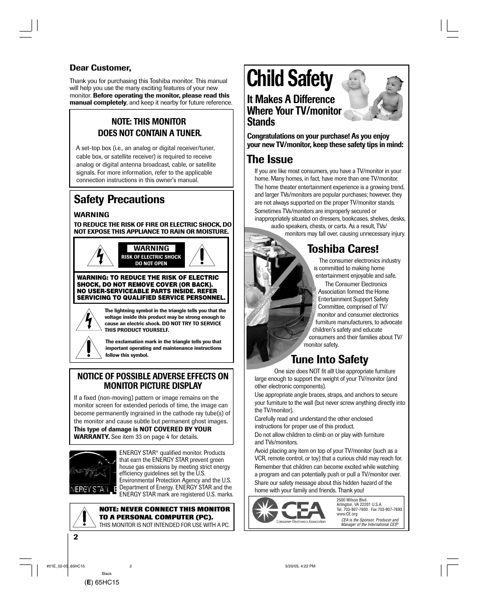 Child safety, Safety precautions, It makes a difference where your tv/monitor stands | The issue, Toshiba cares, Tune into safety | Toshiba 65HC15 User Manual | Page 2 / 52