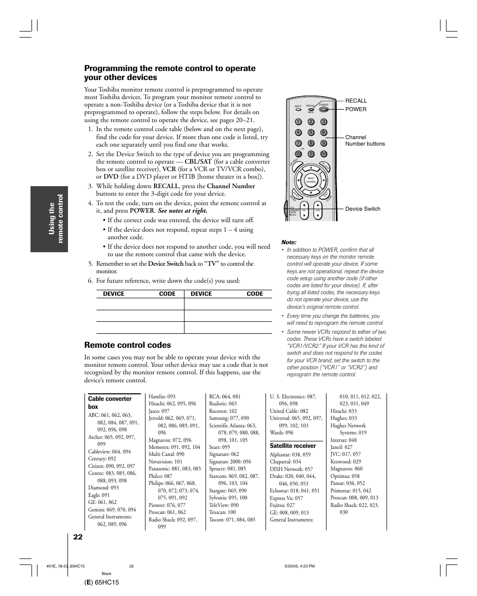 Remote control codes | Toshiba 65HC15 User Manual | Page 22 / 52