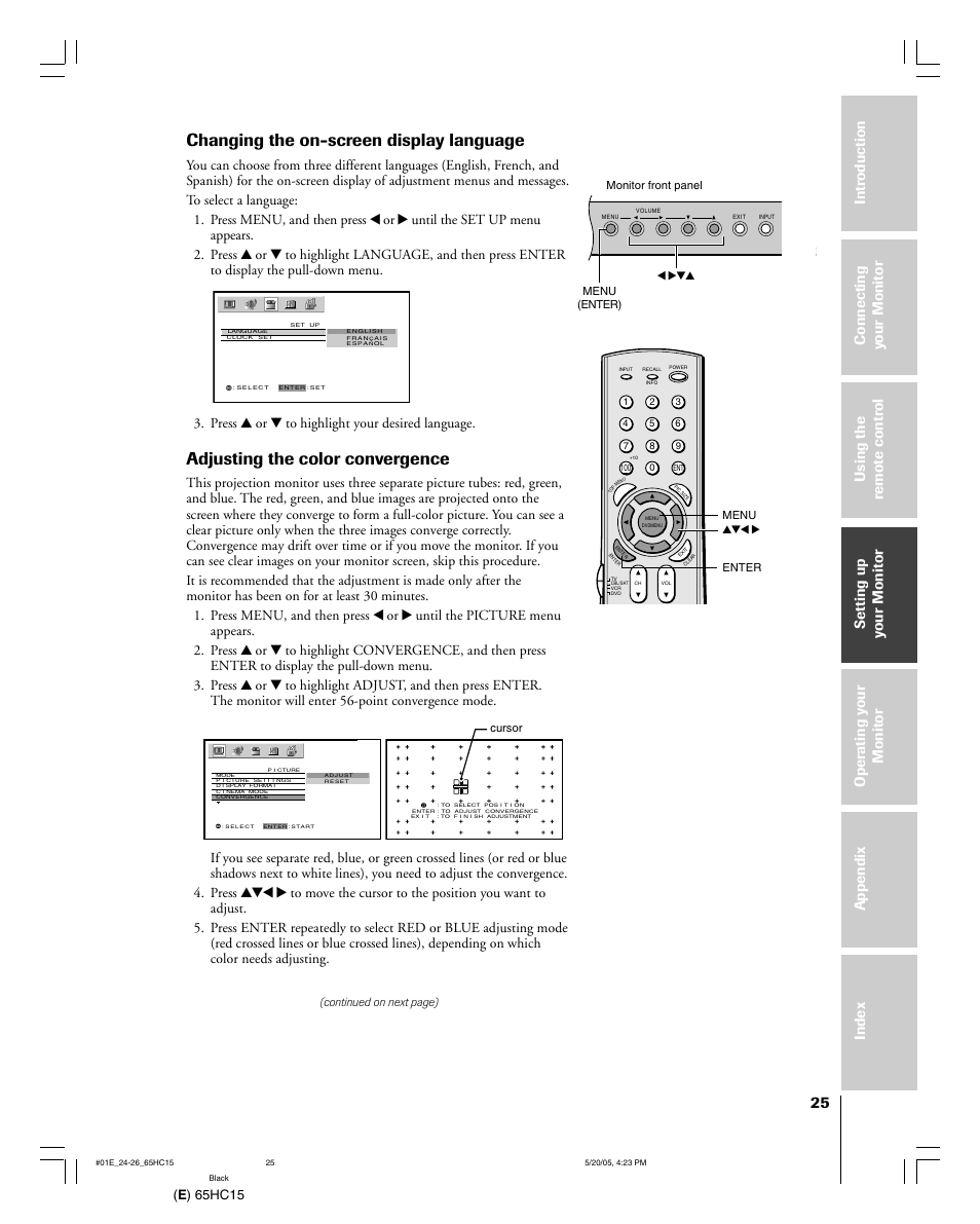 Changing the on-screen display language, Adjusting the color convergence, E ) 65hc15 | Press y or z to highlight your desired language | Toshiba 65HC15 User Manual | Page 25 / 52