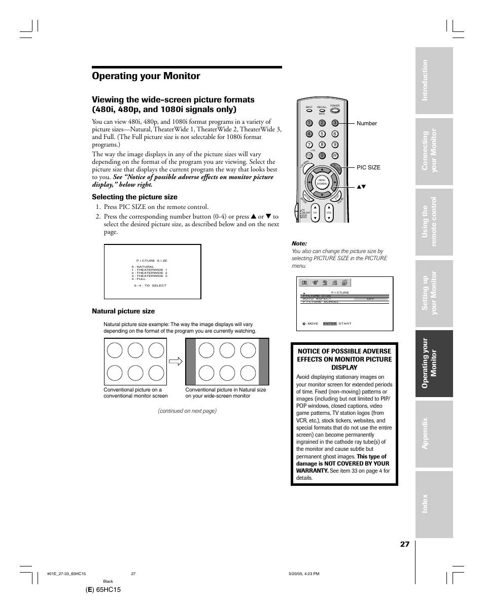 Operating your monitor, Selecting the picture size, E ) 65hc15 | Natural picture size | Toshiba 65HC15 User Manual | Page 27 / 52