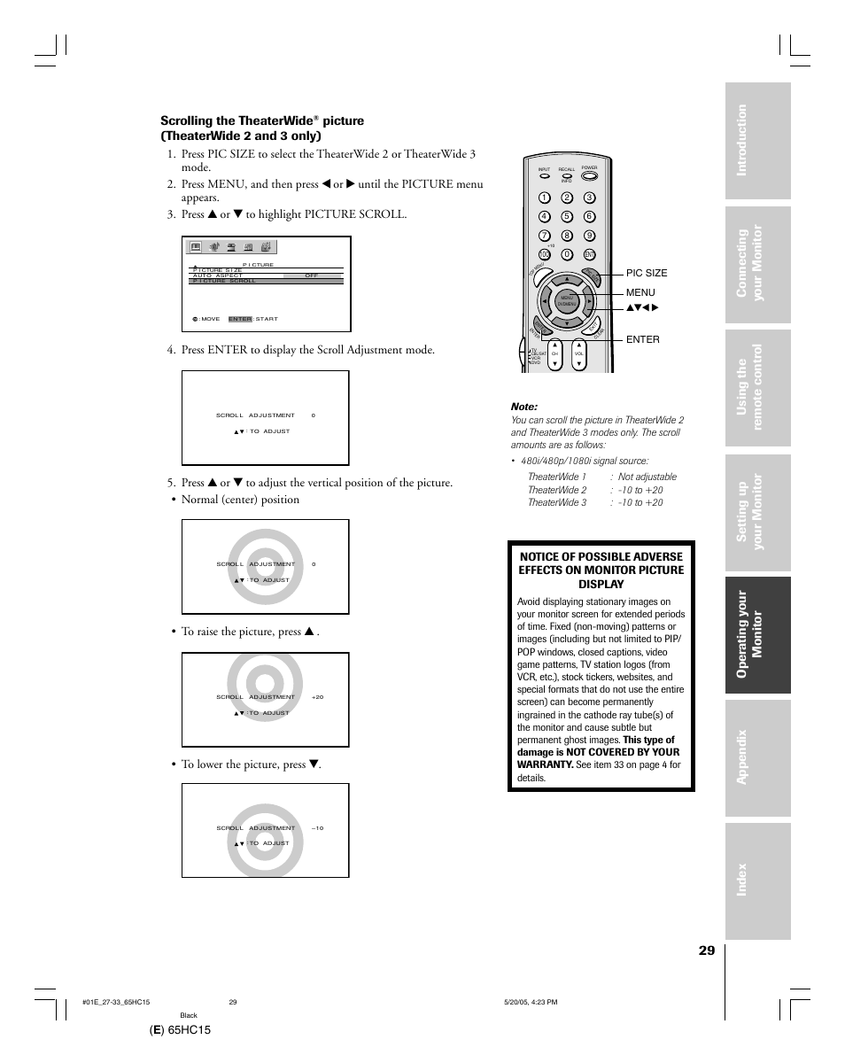 Scrolling the theaterwide, Picture (theaterwide 2 and 3 only), E ) 65hc15 | Press enter to display the scroll adjustment mode | Toshiba 65HC15 User Manual | Page 29 / 52