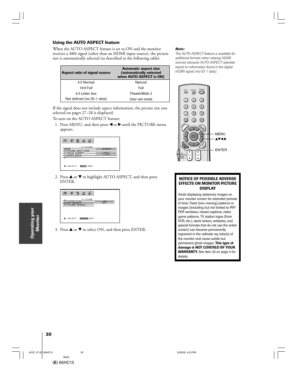 Using the auto aspect feature, E ) 65hc15, Press y or z to select on, and then press enter | Toshiba 65HC15 User Manual | Page 30 / 52