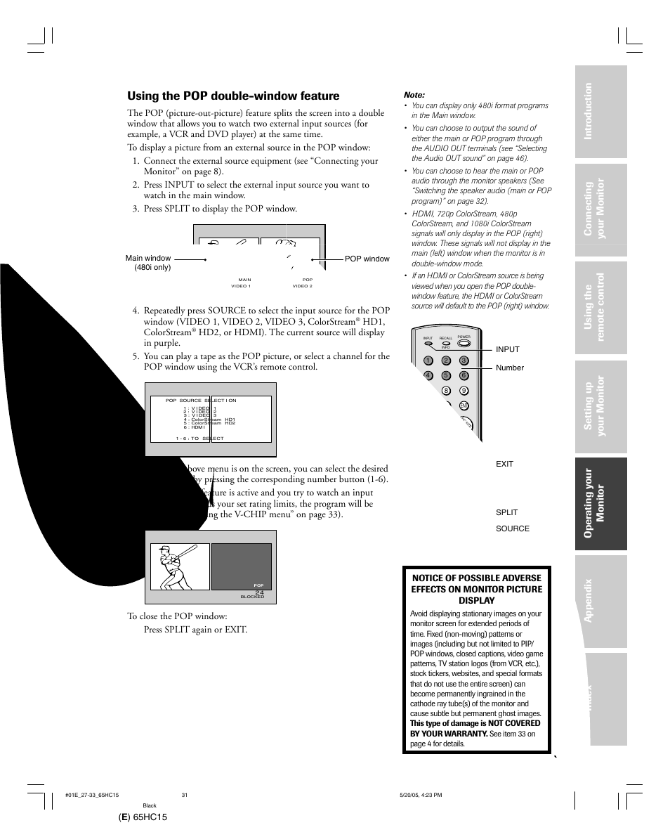 Using the pop double-window feature, E ) 65hc15, Hd1, colorstream | Toshiba 65HC15 User Manual | Page 31 / 52