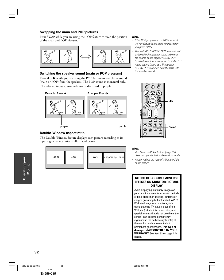 Swapping the main and pop pictures, Switching the speaker sound (main or pop program), Double-window aspect ratio | E ) 65hc15 | Toshiba 65HC15 User Manual | Page 32 / 52