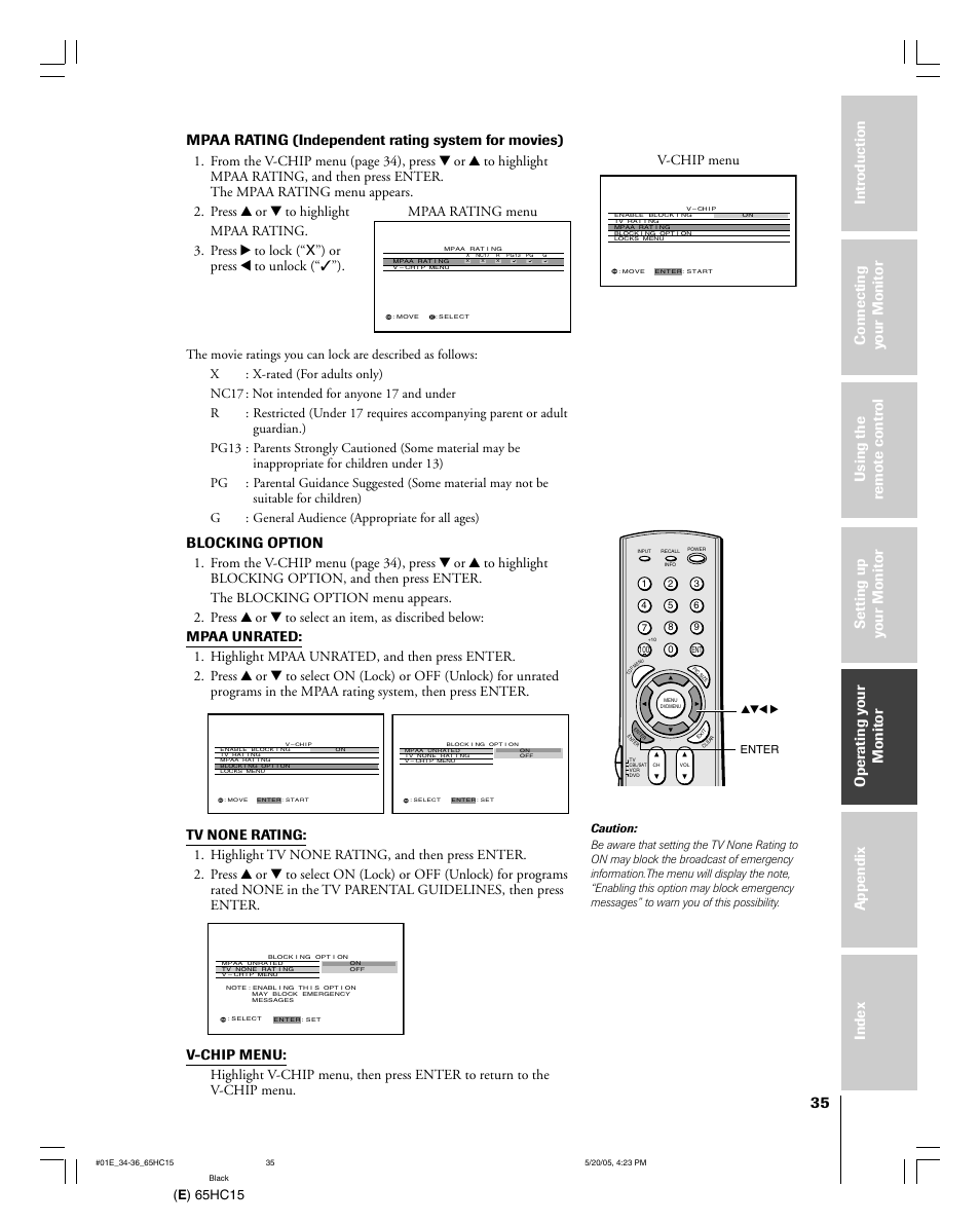 Mpaa rating (independent rating system for movies), Blocking option, E ) 65hc15 | Mpaa rating menu | Toshiba 65HC15 User Manual | Page 35 / 52