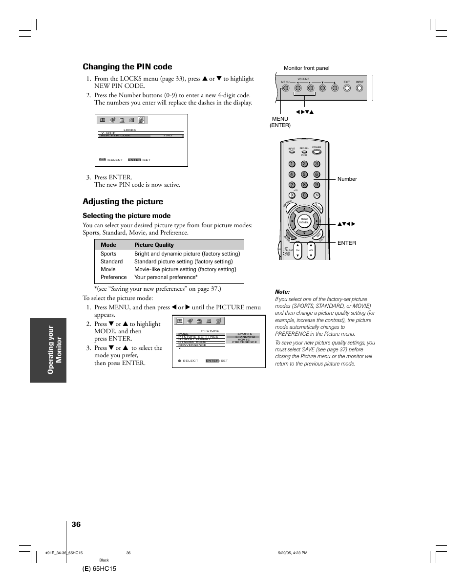 Changing the pin code, Adjusting the picture, Selecting the picture mode | E ) 65hc15, Press enter. the new pin code is now active | Toshiba 65HC15 User Manual | Page 36 / 52