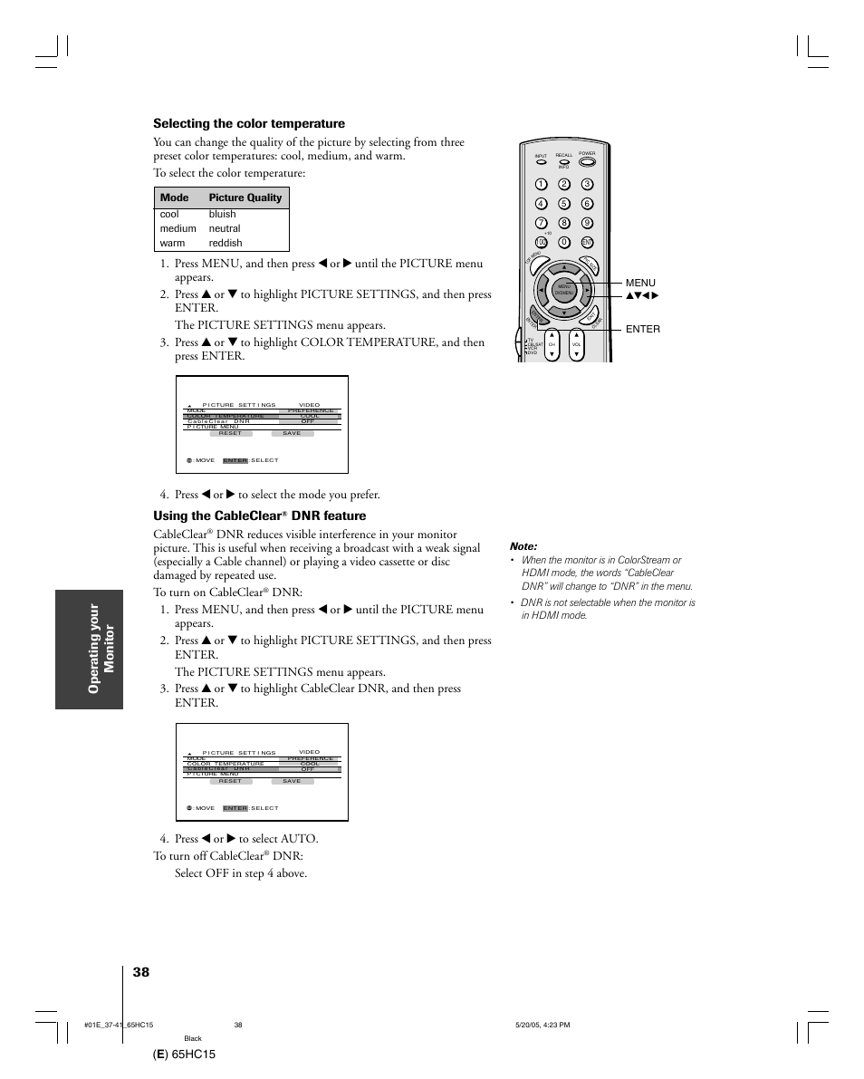 Selecting the color temperature, Using the cableclear, Dnr feature | E ) 65hc15, Press x or • to select the mode you prefer, Cableclear, Dnr: select off in step 4 above | Toshiba 65HC15 User Manual | Page 38 / 52