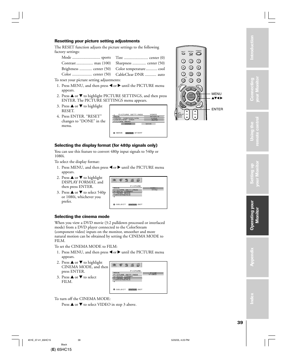 Resetting your picture setting adjustments, Selecting the cinema mode, E ) 65hc15 | Toshiba 65HC15 User Manual | Page 39 / 52