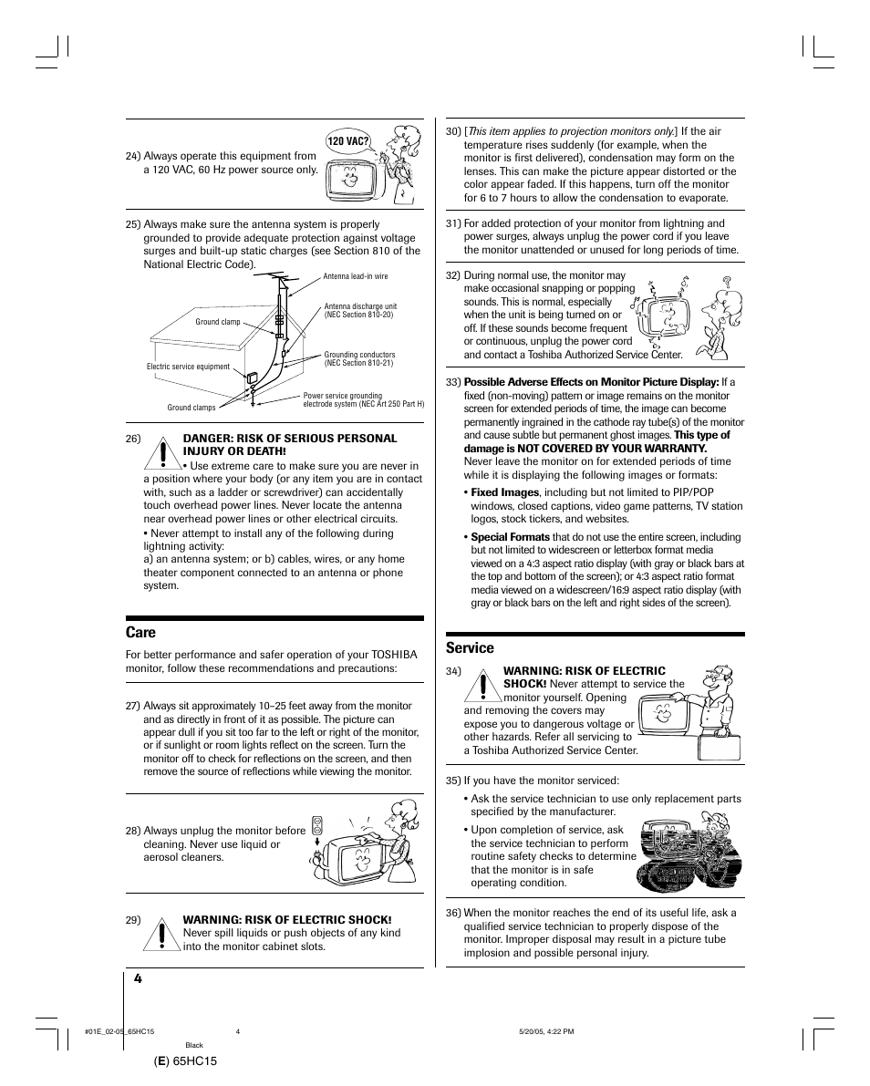 Care, Service | Toshiba 65HC15 User Manual | Page 4 / 52