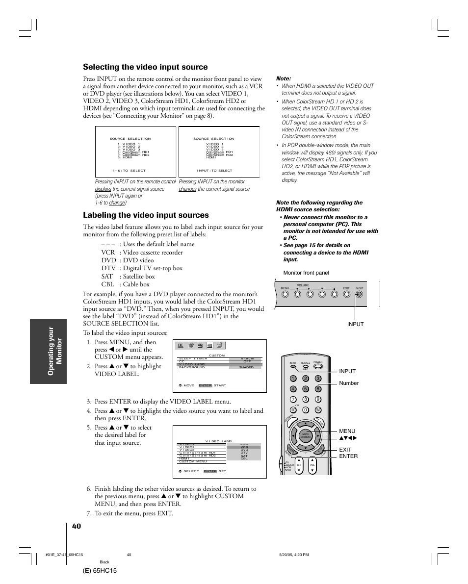 Selecting the video input source, Labeling the video input sources, E ) 65hc15 | Toshiba 65HC15 User Manual | Page 40 / 52