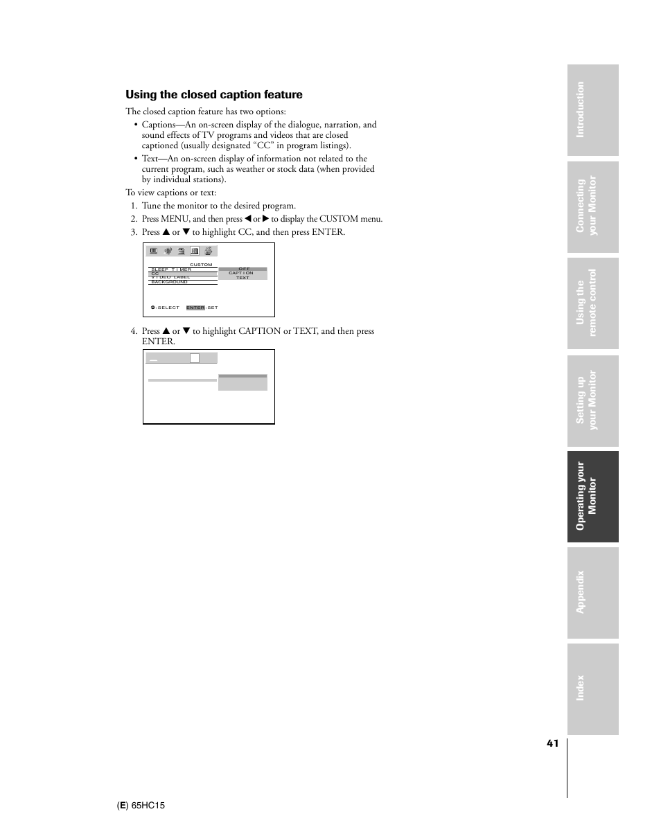 Using the closed caption feature | Toshiba 65HC15 User Manual | Page 41 / 52