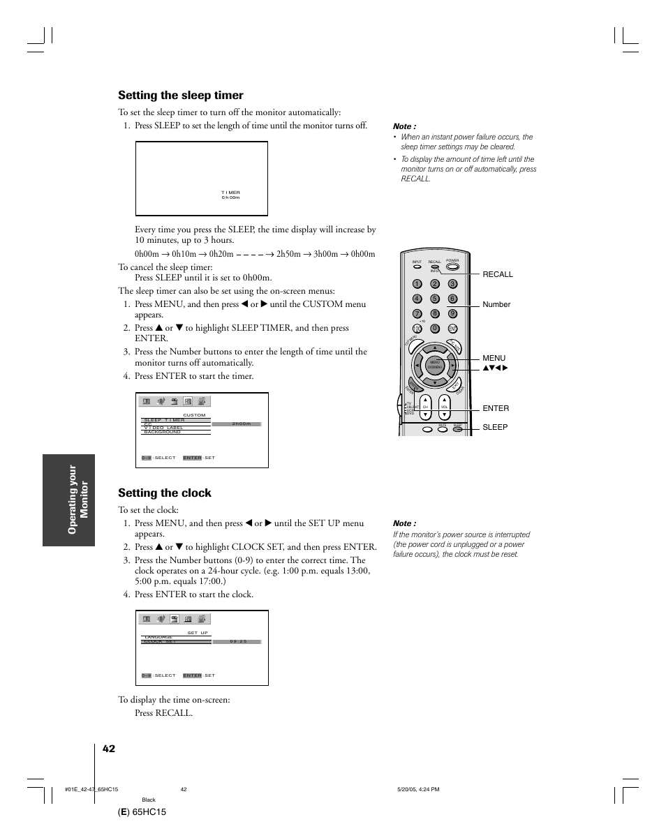 Setting the sleep timer, Setting the clock, E ) 65hc15 | Toshiba 65HC15 User Manual | Page 42 / 52