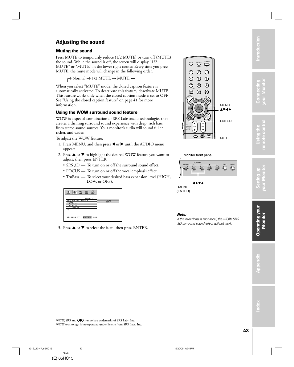 Adjusting the sound, Muting the sound, Using the wow surround sound feature | E ) 65hc15, Press y or z to select the item, then press enter | Toshiba 65HC15 User Manual | Page 43 / 52