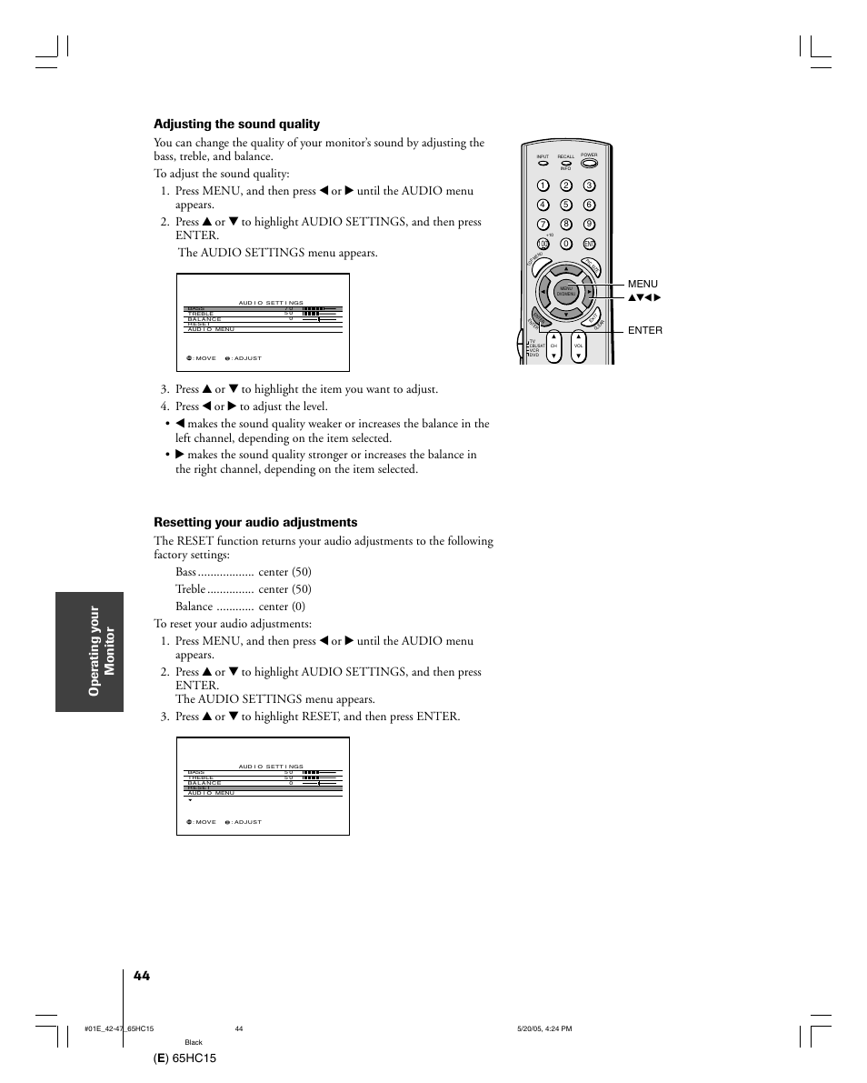 Adjusting the sound quality, Resetting your audio adjustments, E ) 65hc15 | Toshiba 65HC15 User Manual | Page 44 / 52