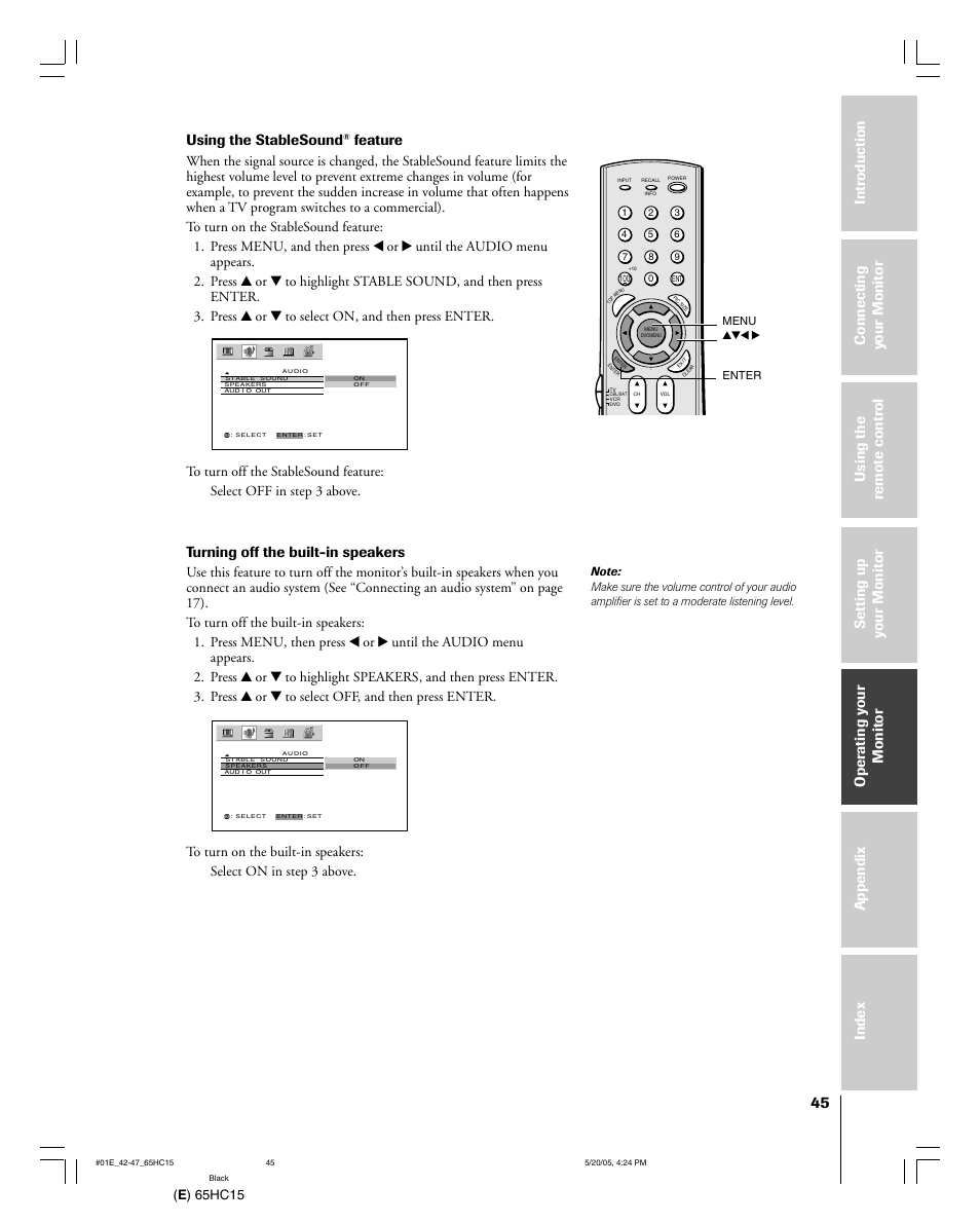 Using the stablesound, Feature, Turning off the built-in speakers | E ) 65hc15 | Toshiba 65HC15 User Manual | Page 45 / 52