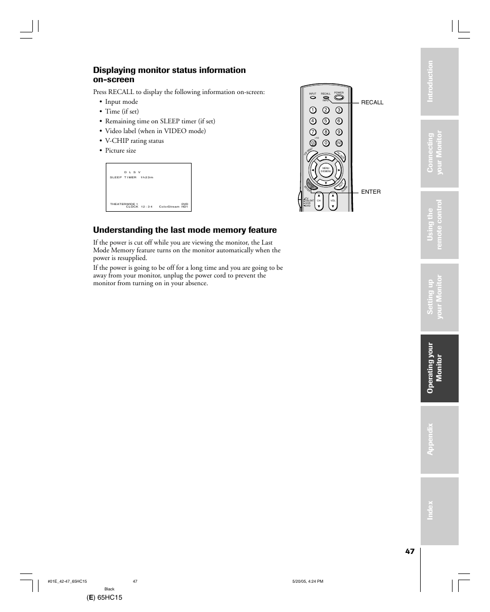 Displaying monitor status information on-screen, E ) 65hc15, Recall enter | Toshiba 65HC15 User Manual | Page 47 / 52