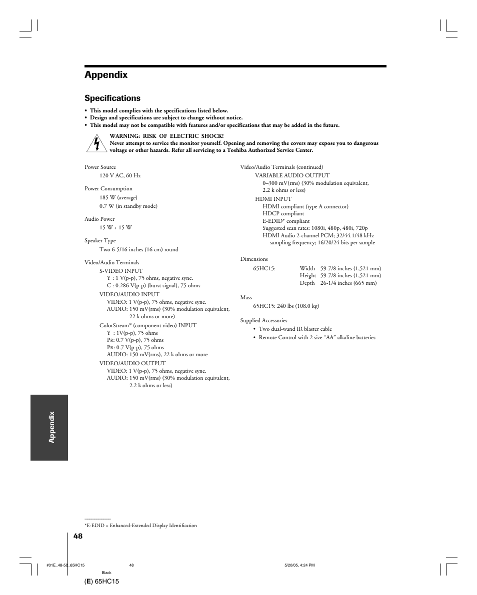 Appendix, Specifications | Toshiba 65HC15 User Manual | Page 48 / 52