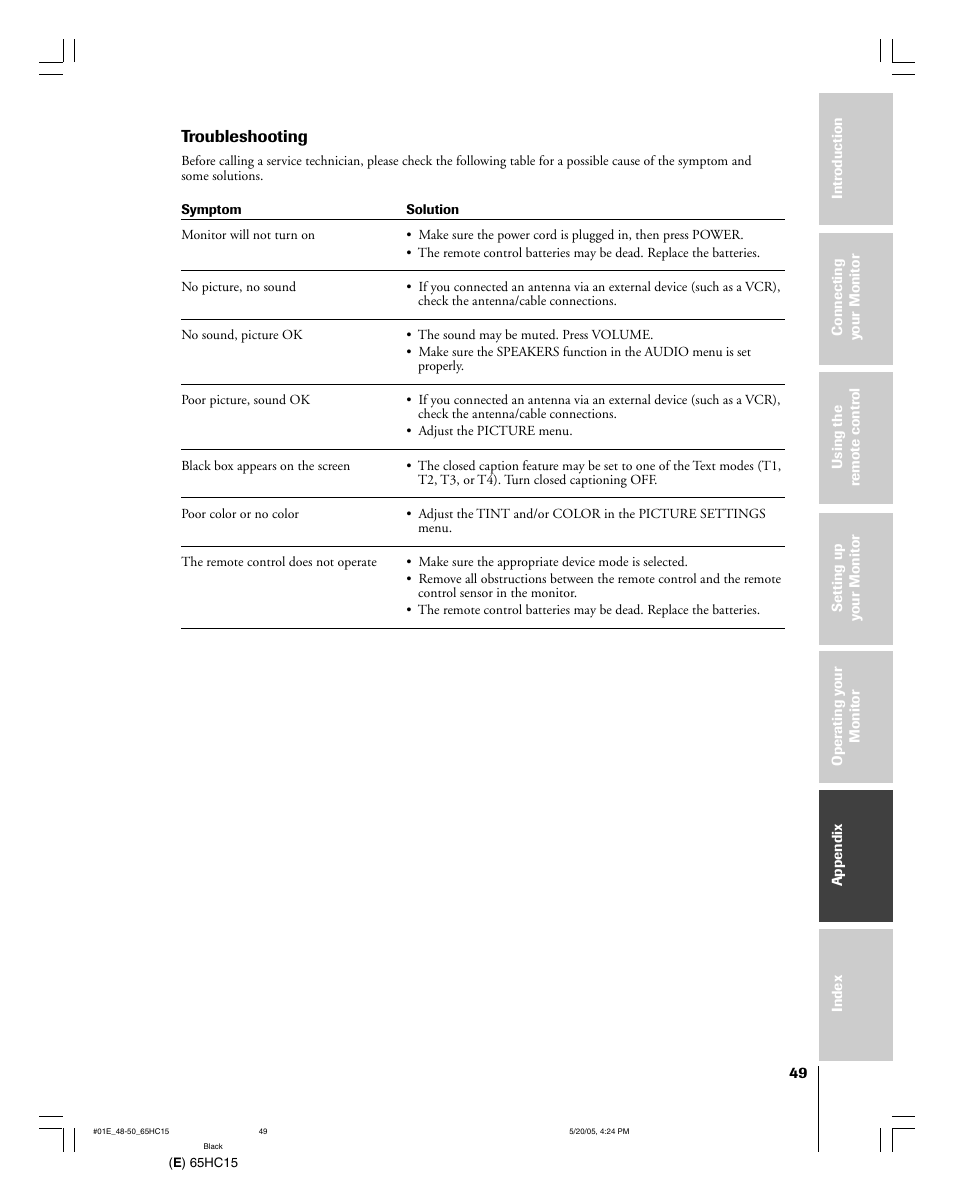 Troubleshooting | Toshiba 65HC15 User Manual | Page 49 / 52