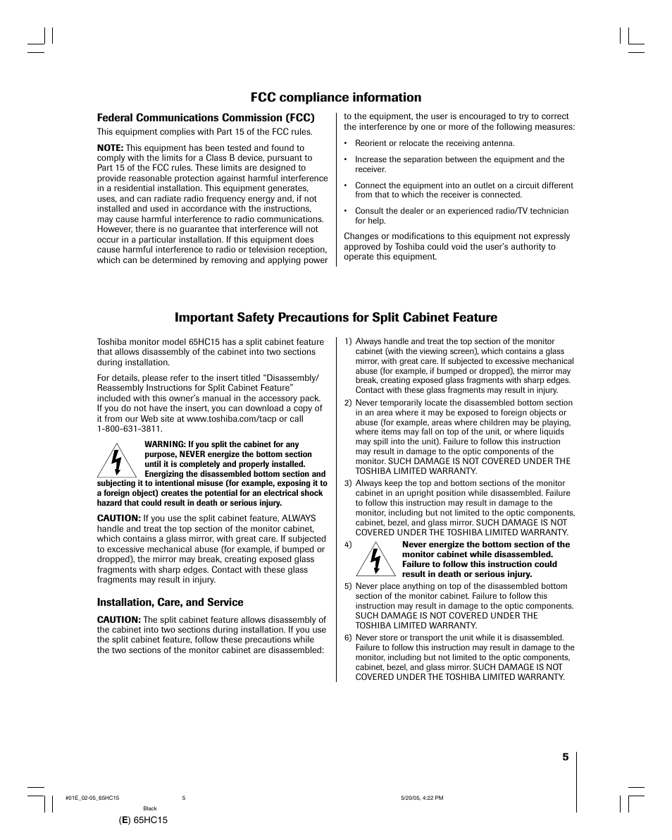 Fcc compliance information | Toshiba 65HC15 User Manual | Page 5 / 52